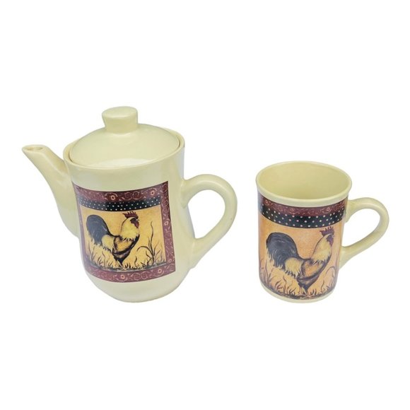 Vintage B.I Inc Ceramic Tea Pot and Mug 2 Piece Set Rooster Design - Picture 2 of 12